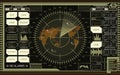 Digital radar screen with world map, targets and futuristic user interface of green, white and brown shades on dark background Royalty Free Stock Photo