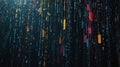 Abstract digital rain with colorful binary streams and glowing elements on dark background