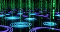 Abstract Matrix Digital Rain with Glowing Neon Rings on Dark Futuristic Background Royalty Free Stock Photo
