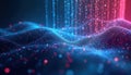Abstract digital rain flows vertically in cyberspace. Blue, pink particles create dynamic stream. Vertical data flow represents