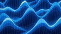 Abstract 3D digital rendering of a blue wireframe landscape with flowing waves Royalty Free Stock Photo