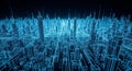 Abstract digital visualization of a futuristic city skyline with glowing blue wireframe buildings and illuminated streets Royalty Free Stock Photo