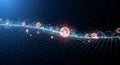 Abstract glowing network of data points and spheres on a digital grid, technological background Royalty Free Stock Photo