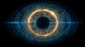 Abstract digital representation of a futuristic glowing eye composed of intricate blue and orange light particles creating a Royalty Free Stock Photo