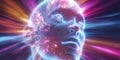 Digital human head with glowing light rays, representing artificial intelligence and futuristic technology concept Royalty Free Stock Photo