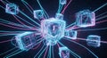 Abstract Blockchain Network with Glowing Cubes and Connecting Lines in Neon Blue and Pink Royalty Free Stock Photo