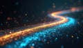 Abstract digital roadmap visualization. Dynamic flow of data points with glowing orange, turquoise trails. Futuristic, modern