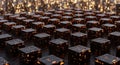 Abstract Digital Grid of Glowing Orange Cubes with a Blurred Cityscape Background technology Royalty Free Stock Photo