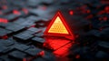 Abstract digital scene featuring a glowing red triangular object on a surface of dark, shiny, rectangular tiles.