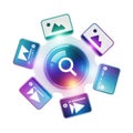 Abstract digital search interface with media icons and glowing center transparent background image Royalty Free Stock Photo