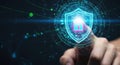 Cybersecurity digital shield glowing with binary code and fingertip interaction protecting data Royalty Free Stock Photo