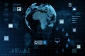 Abstract digital social globe grid hologram on blurry dark background. Technology, data, information and connection concept. 3D Royalty Free Stock Photo