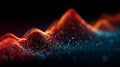Abstract digital sound wave visualization with glowing red orange and blue particle data flow background Royalty Free Stock Photo