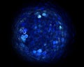 Abstract digital sphere in blue phosphorescent illuminated color on dark background.