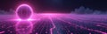 Abstract digital sphere emits pink light. Glowing circuits spread across dark landscape. Neon lines form digital grid. Fast data Royalty Free Stock Photo