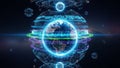 Abstract digital sphere with glowing Earth at its core surrounded by concentric rings and smaller orbiting spheres Royalty Free Stock Photo