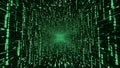 Abstract digital stream of glowing green binary code numbers rushing toward a central vanishing point creating a virtual reality Royalty Free Stock Photo