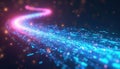 Abstract digital stream glows blue, pink, representing fast data transfer. Its path curves through dark space, filled with tiny Royalty Free Stock Photo