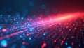 Abstract digital stream of red, blue glowing particles flows forward. Light rays indicate data transmission network connection. Royalty Free Stock Photo