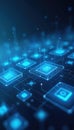 Abstract digital tech design illustration. Blue glowing computer chip processors connected. Tech concept network communication Royalty Free Stock Photo