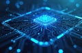 Abstract digital tech illustration depicts modern computer microchip. Circuit board, data flow, processor, communication, Royalty Free Stock Photo