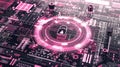 Cybersecurity Lock on Futuristic Circuit Board with Pink Glow, Data Protection and Encryption Royalty Free Stock Photo