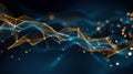 Abstract Digital Technology Background with Glowing Blue and Gold Plexus Particles and Geometric Lines Flowing in Dark Space, Royalty Free Stock Photo