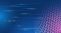 Abstract digital technology background with glowing hexagon sphere, binary code and blue-purple gradient, representing data flow, Royalty Free Stock Photo
