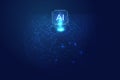 Abstract digital technology background. Isometric AI chip with AI hologram with circuit tech bg. Connected lines