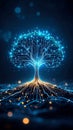 Abstract Digital Tree with Glowing Blue Light and Binary Code Structure Growing in Futuristic Background Royalty Free Stock Photo