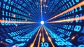 Abstract digital tunnel of binary code data flow with glowing light rays and central bright source Royalty Free Stock Photo