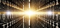 Abstract digital tunnel of binary code streaking towards a bright exploding light source Royalty Free Stock Photo