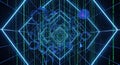 Abstract Neon Digital Tunnel with Binary Code and Geometric Shapes Royalty Free Stock Photo