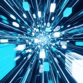 Abstract digital tunnel of glowing blue and white cubes accelerates through cyberspace data streams rapidly Royalty Free Stock Photo