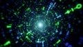 Abstract digital tunnel of glowing green and blue binary code and data streams in a futuristic concept Royalty Free Stock Photo