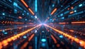 Abstract digital tunnel with glowing orange and blue lights. Abstract data streams move through futuristic circuit board lines. Royalty Free Stock Photo