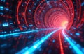 Abstract digital tunnel with glowing red and blue data streams. Futuristic cyberspace corridor with light trails and geometric Royalty Free Stock Photo