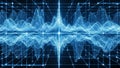 Digital sound wave visualization with glowing blue particles and grid lines Royalty Free Stock Photo