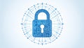 Abstract digital visualization of cybersecurity and data protection featuring a prominent blue padlock icon situated within a Royalty Free Stock Photo
