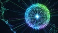 Abstract Digital Sphere Network Globe with Connecting Lines and Glowing Nodes on Dark Background Royalty Free Stock Photo