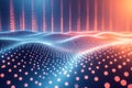 Digital abstract data visualization of glowing blue and orange particles forming waves and vertical lines, representing network or Royalty Free Stock Photo