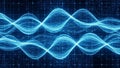 Abstract digital visualization of glowing blue sine wave patterns superimposed on a dark grid with scattered light Royalty Free Stock Photo