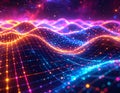 Abstract digital landscape of glowing wavy lines and dots representing data flow and network connections Royalty Free Stock Photo