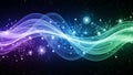 Abstract digital visualization of interconnected nodes and flowing waves in vibrant purple blue and green hues Royalty Free Stock Photo