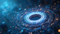 Abstract digital visualization quantum algorithm. Glowing particles, lines form circle, representing data network. Tech Royalty Free Stock Photo