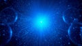 Abstract digital visualization of tiny particles illuminated by a radiant central blue light source surrounded by floating Royalty Free Stock Photo