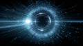 Abstract digital vortex tunnel effect featuring luminous blue light particles speeding through cyberspace pathways toward a Royalty Free Stock Photo
