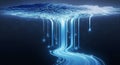 Abstract digital waterfall of glowing streams flowing into a dark networked space Royalty Free Stock Photo
