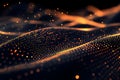 Abstract Digital Wave of Bright Orange Dots and Lines Illuminating a Dark Space with a Dynamic Flow. Generative AI