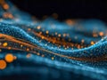 Abstract digital wave with glowing orange particles and blue network lines creating a futuristic data flow visualization Royalty Free Stock Photo